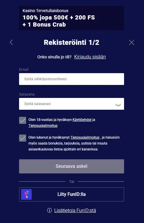 Rekisteröintilomake Frumzi