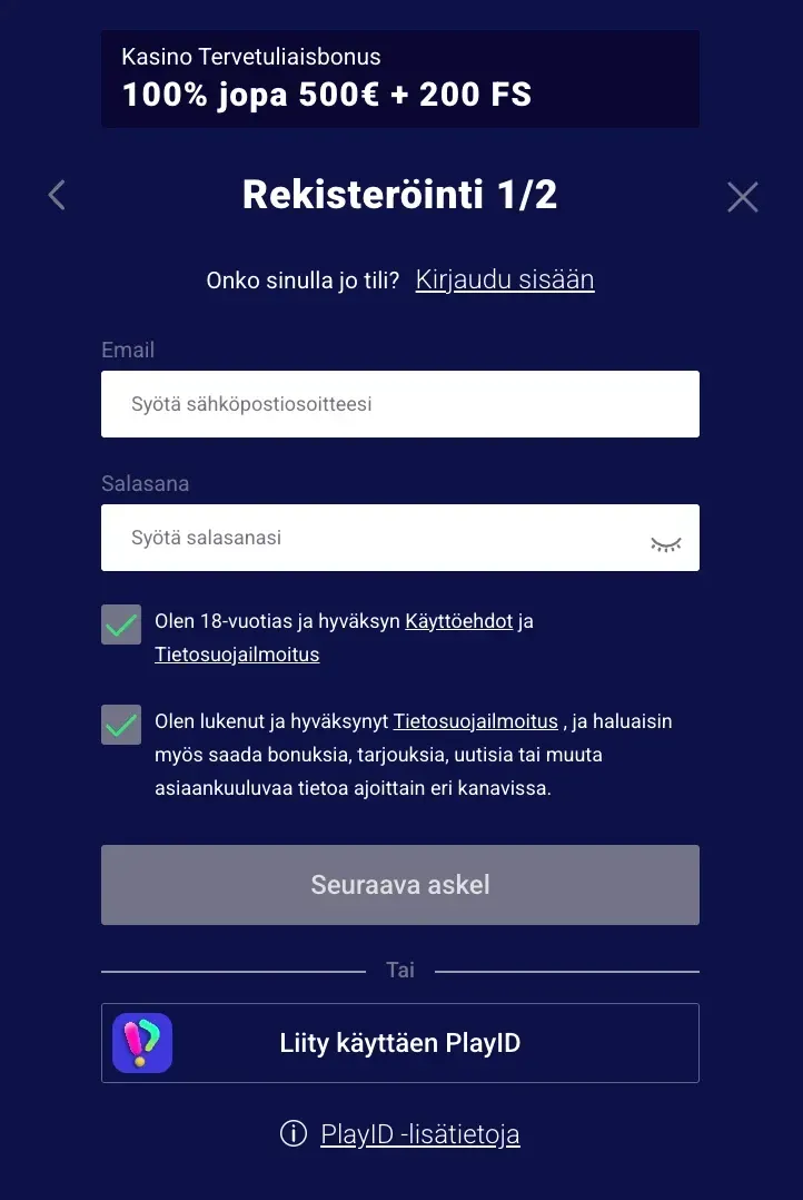 Rekisteröintilomake Frumzi casino